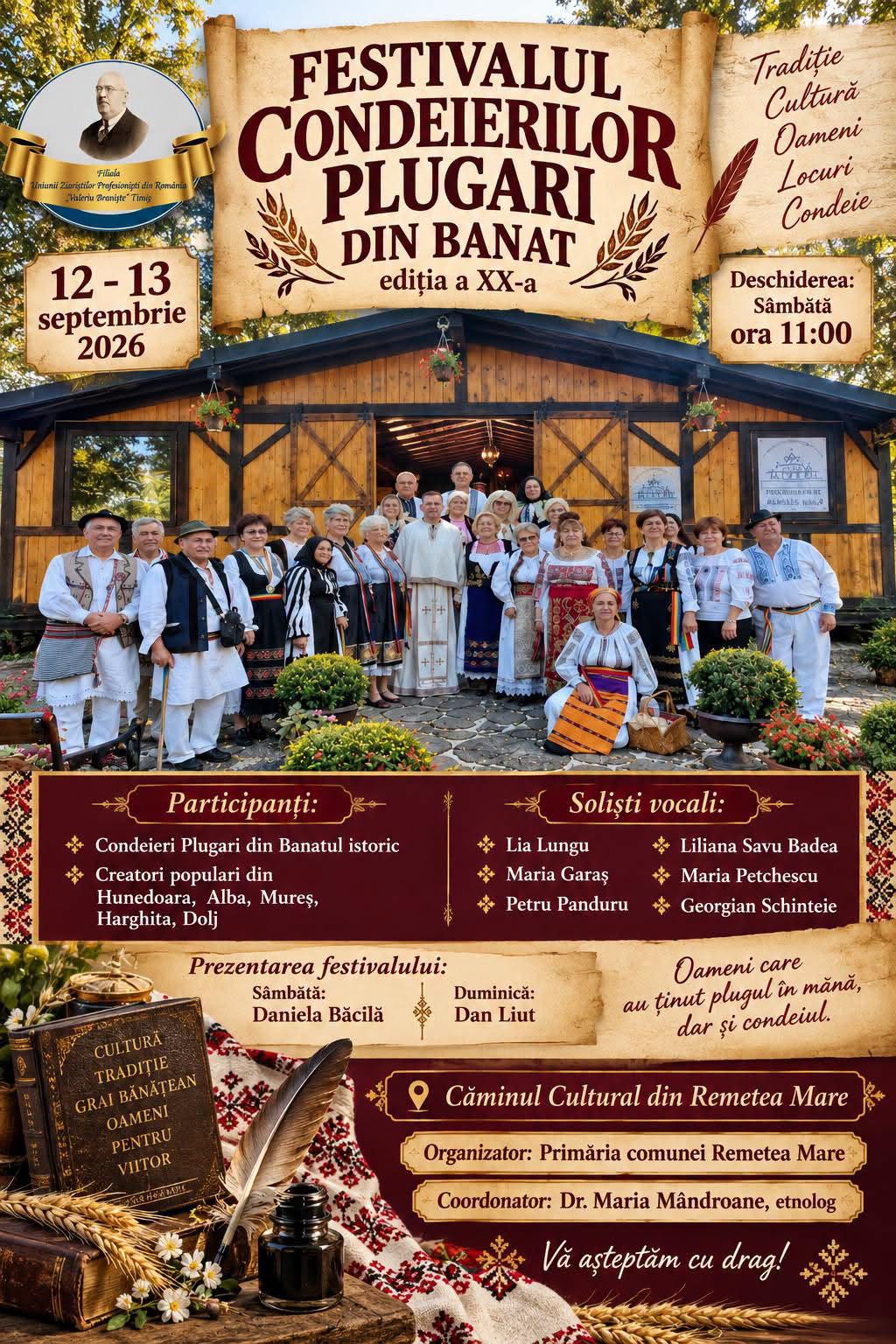 În zilele de 12 și 13 septembrie 2026, la Căminul Cultural din Remetea Mare, condeierii plugari se vor întâlni din nou, de această dată la un moment cu totul aparte: cea de-a XX-a ediție a Festivalului Condeierilor Plugari din Banat. Douăzeci de ediții înseamnă ani de întâlniri, de prietenii legate în jurul cuvântului scris și, mai ales, de stăruință în păstrarea unei forme de creație izvorâte din lumea satului.